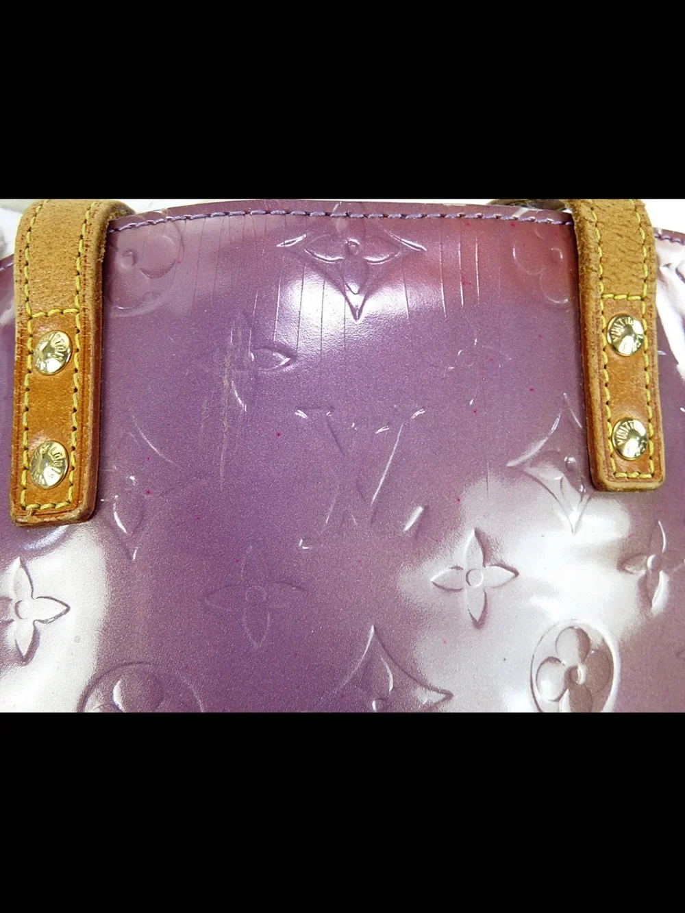 Louis Vuitton Glossy Plum Vernis Tote with Tan Handles